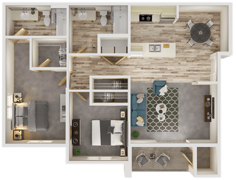 Floor plan for 2 beds, 2 baths, 1079 sqft